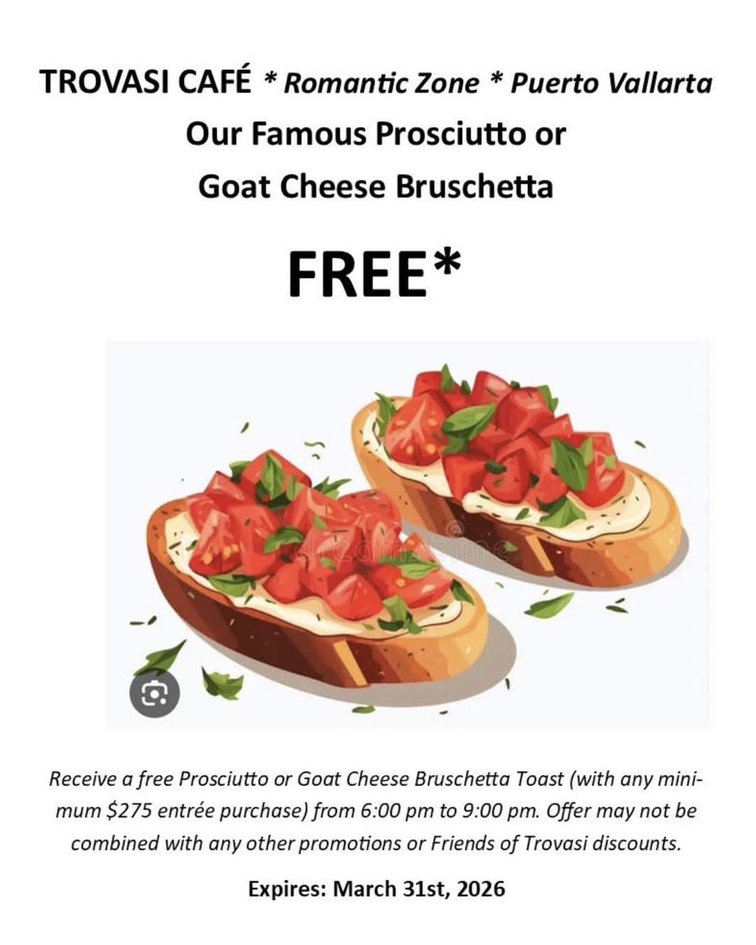 FREE gourmet Bruschetta Toast with dinner month at Trovasi Cafe! 